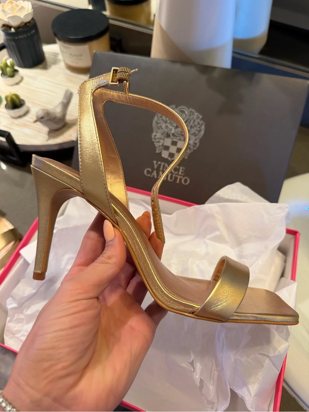 Vince Camuto- Gold Women's Ankle-Strap Sandal - Elegant Metallic Dress Heel